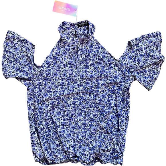 Bloomchic Floral Cold Shoulder Flutter Sleeve Blouse Purple White sz 10 NEW Tags - Picture 8 of 13